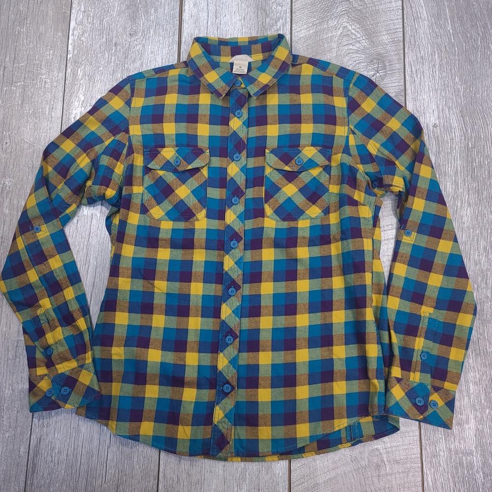 Duluth Trading Co Plaid Flannel Shirt Womens M Teal Yellow Purple Long Sleeve